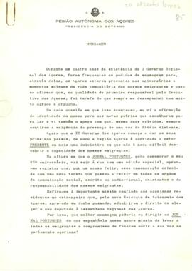 Mensagem do Presidente do Governo Regional dos Açores, Dr. João Bosco Mota Amaral, no âmbito da e...