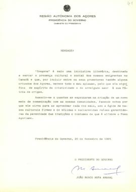 Mensagem de reconhecimento sobre a criação da iniciativa literária "Imagens", por parte...
