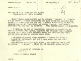 Comunicado com desmentido do Ministro da República para a Região dos Açores, sobre notícias saída...