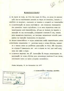 Comunicado acerca da manisfestação nos Paços do Concelho na Vila das Lajes do Pico e invasão do h...