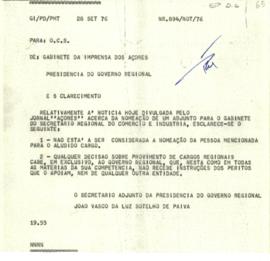 Comunicado acerca de uma nomeação para um adjunto para o Gabinete do Secretário Regional do Comér...