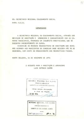 Comunicado relativo a um inquérito habitacional promovido pela Secretaria do equipamento Social