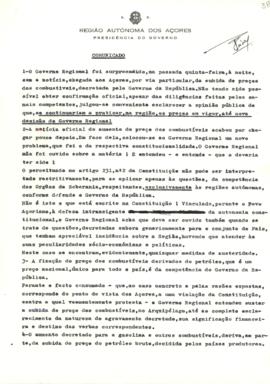 Comunicado acerca da subida do preço dos combustíveis, decretada pelo Governo da República