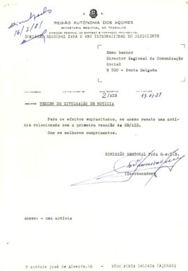Ofício para divulgação de notícia, da Comissão Regional para o Ano Internacional do Deficiente