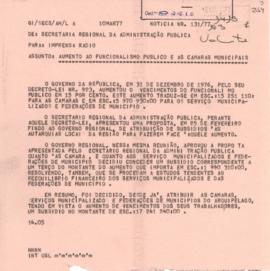 Notícia sobre o aumento ao funcionalismo público e às Câmaras Municipais