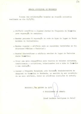 Resumo das deliberações da reunião ordinária de 22 de julho de 1977