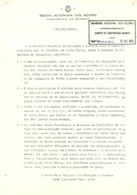 Esclarecimento da Secretaria Regional da Educação e Cultura sobre o Externato do Aeroporto, em Sa...