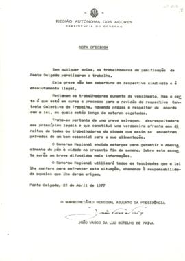 Nota oficiosa referente à greve de profissionais de padaria.