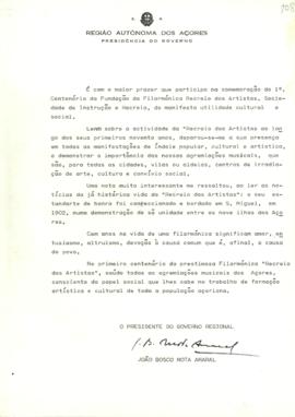 Mensagem do Presidente do Governo Regional dos Açores no âmbito da comemoração do 1º Centenário d...
