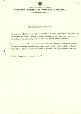 Esclarecimento sobre montagem na Central Térmica de Ponta Delgada do VII grupo gerador