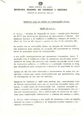 Notícias para os Órgãos da Comunicação Social sobre a ação da Brigada de Inspeção do Leite - B.I.L.
