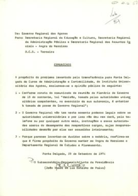Comunicado acerca do problema levantado pela transferência para Ponta Delgada do Curso de Adminis...