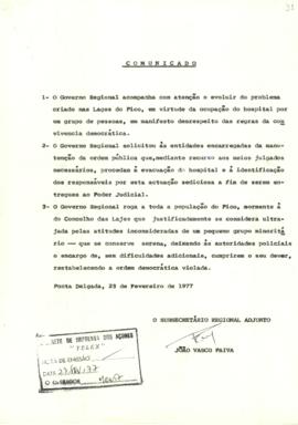 Comunicado acerca da ocupação, por um grupo de pessoas, do hospital do Concelho na Vila das Lajes...