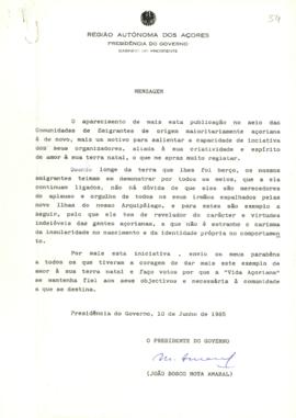 Mensagem de felicitação do Presidente do Governo Regional, pela criação do mensário "Vida Aç...
