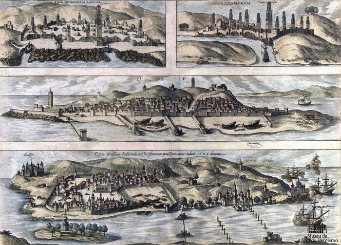 ANFA QUIBUSDAM ANAFFA. AZAAMURUM.  DIU. GOA fortíssima Indiae urbs in Christianorum potestatem anno Salutis 1509 devenit     