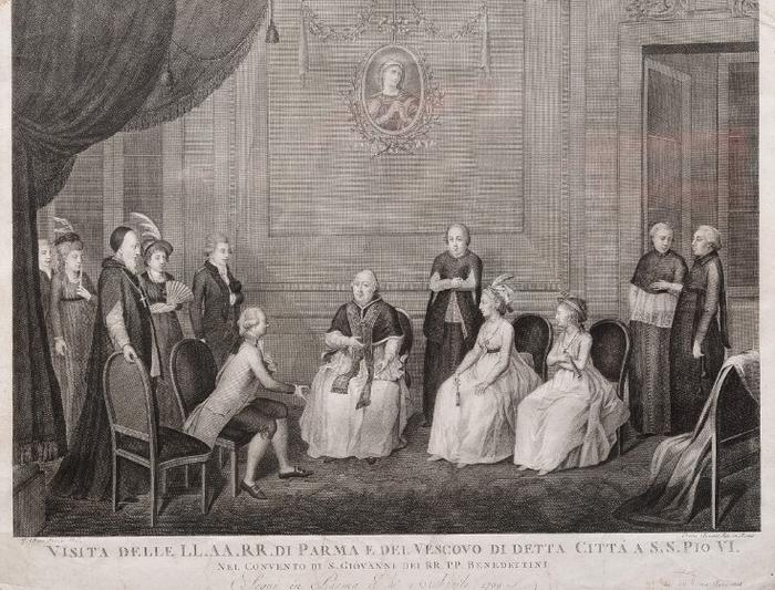 VISITA DELLE LL. AA. RR. DI PARMA E DEL VESCOVO DI DETTA CITTÁ A S. S.  PIO VI NEL CONVENTO DI S. GIOVANNI DEI RR. PP. BENEDETTINI: Segui in Parma il di 2 Aprile 1799