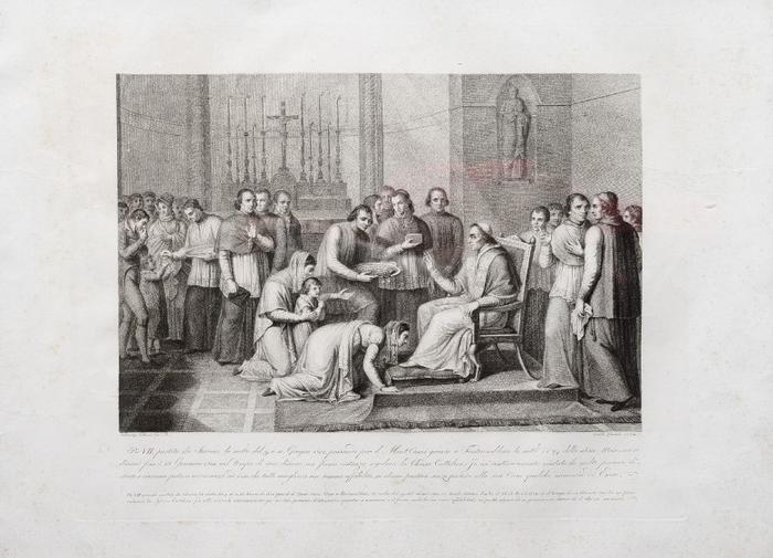 Pio VII partito da Savona la notte del 9 à 10 Giugno 1812 passando per il Mont Cenis giunse a Fontainebleau la notte di 29 dello stesso mese, ove vi dimorò fino à 28 gennaio 1814: nel tempo di sua dimora con ferma costanza regolava la Chièsa Cattolica: fu ivi continovamente visitato da molte persone distinte, e ciascuno poteva avvicinarsi al esso, che tutti accoglieva con somma affabilità, ne alcuno partiva senza portare alla sua Casa qualche memoria di esso