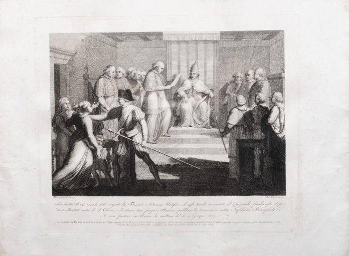 Sua Santità Pio VII, essendo stati occupati dai Francesi i Domini Pontifici, ed egli tenuto in arresto al Quirinale, finalmente dopo tanti attentati contro la S. Chiesa, e la Sacra sua propria Persona, pubblica la scomunica contro Napoleone Bonaparte, e li suoi fautori in Roma la mattina del di 10 Giugno 1809.