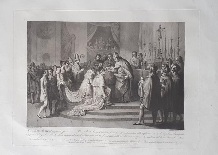 Sua Santità Pio VII ad oggeto di prommovere in Francia la Religione Cattolica, si risolve di condescendere alle replicate istanze di Napoleone Bonaparte, e si porta a Parigim, dove diede la Sacra unzione ad esso, ed a Giuseppina sua moglie, ed assistè alla di Lui incoronazione la mattina del di 2 Dicembre 1804 