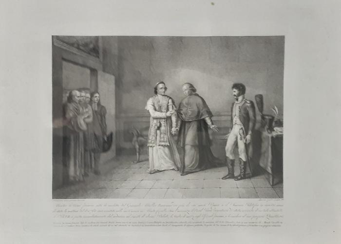 Mentre le armi francesi solto la condotta del Generale Miollis tenevano da più di sei mesi Roma, e il Sommo Pontifice in servitu, essendo stato la mattina del di 6 setembre 1808, arrestato nelle sue camera in Monte Cavallo Sua Eminenza il Card. Pacca segretario do stato, avvisato di un tale attentato S.S. Pio VII si porta immediatamente dal medesimo col seguito di alcuni Prelati, lo toglie di mezzo agli ufiziali francesi, e lo conduce al suo proprio Quartiere